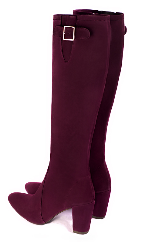 Wine red women's knee-high boots with buckles. Round toe. High block heels. Made to measure. Rear view - Florence KOOIJMAN